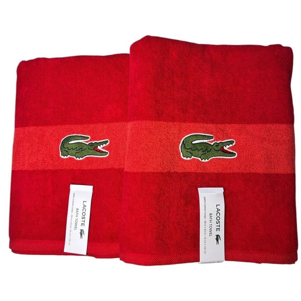 Lacoste Big Crocodile Logo Bath Towels Red 100%‎ Cotton 30" x 52" Qty2